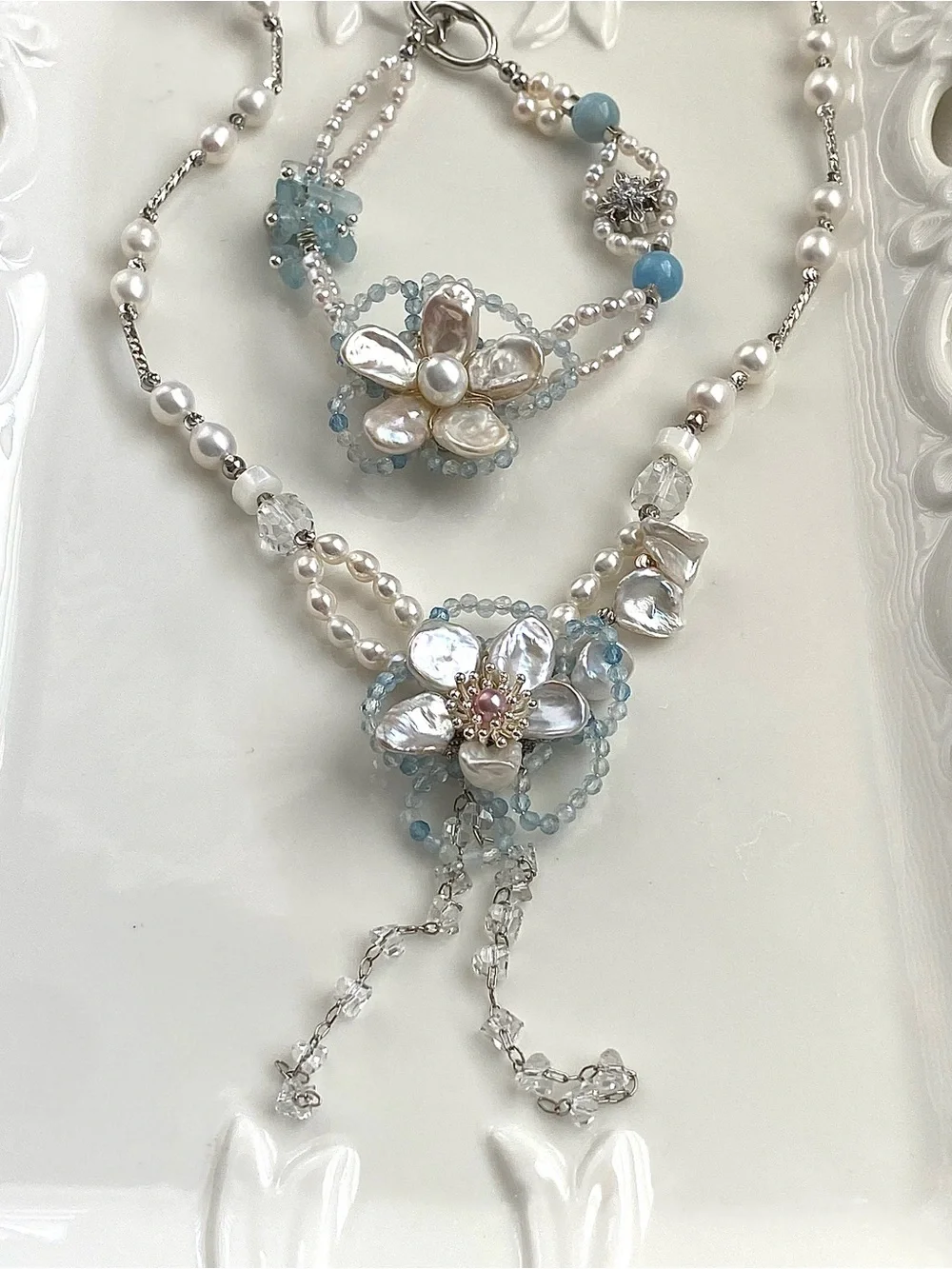 GP90-Handmade Aquamarine And Flower Petal Pearl Necklace And Bracelet Set